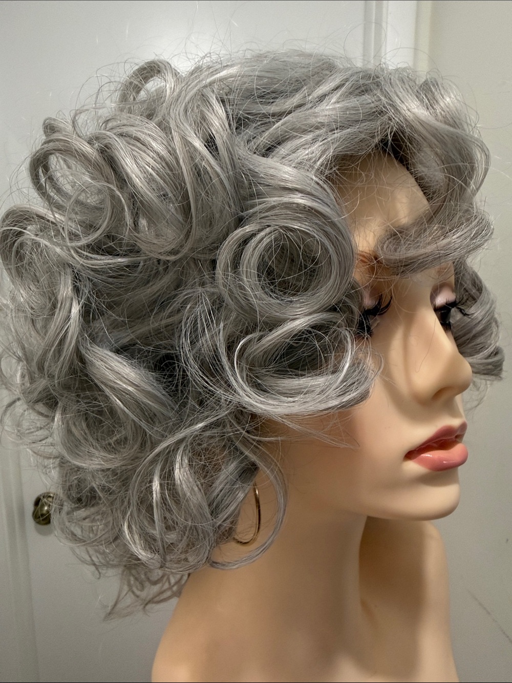 HAIR, 16” Curly Layered Bob, Off Center Free Part, Silver/Light Gray